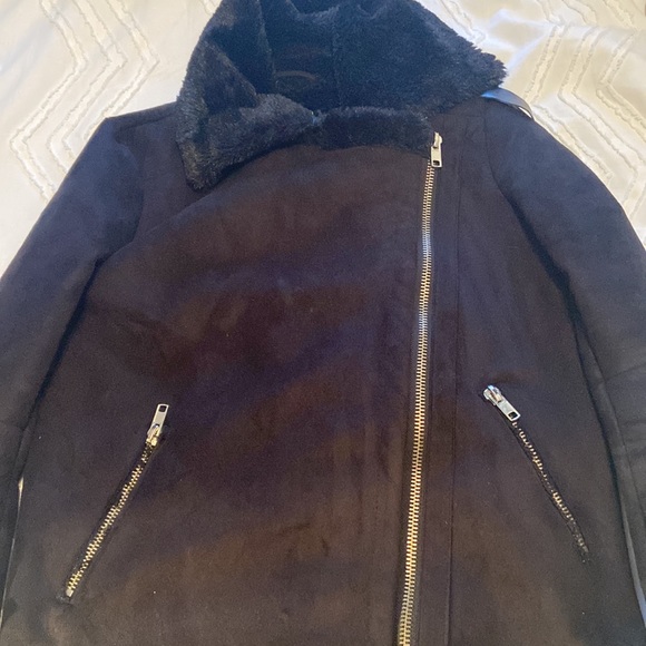 Boohoo black faux suede biker jacket size US 1 petite - Picture 7 of 8